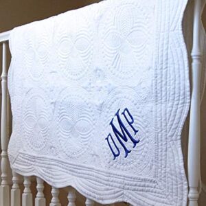 Monogram Baby Quilt 36 x 46 Inches White Blanket Cotton
