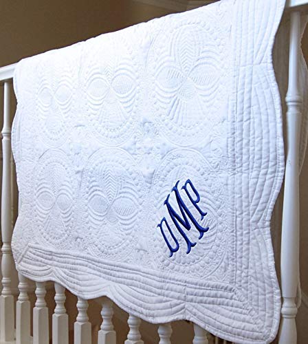 Monogram Baby Quilt 36 x 46 Inches White Blanket Cotton