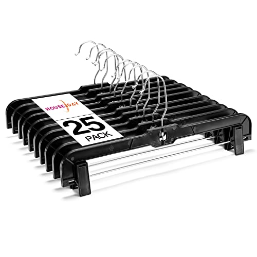 HOUSE DAY 25 Pack Pants Hangers with Clips, 14 inch Skirt Hangers 360-Rotating Swivel Hook, Clip Hangers for Pants,Hangers with Clips, Black Plastic Pants Hangers