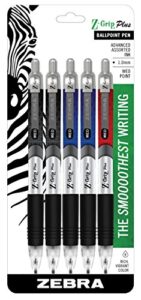 zebra pen z-grip plus retractable ballpoint pen, medium point, 1.0mm, assorted ink, assorted barrel colors, 5-count