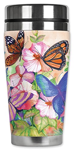 Mugzie "Garden Butterflies" Stainless Steel Travel Mug with Insulated Wetsuit Cover, 20 oz, Black