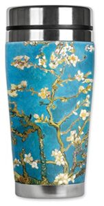 mugzie "van gogh: almond blossoms" stainless steel travel mug with insulated wetsuit cover, 20 oz, black