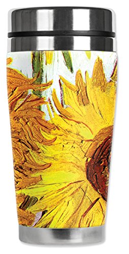 Mugzie "Van Gogh: Sunflowers" Stainless Steel Travel Mug with Insulated Wetsuit Cover, 20 oz, Black