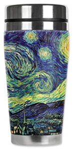 mugzie "van gogh: starry night" stainless steel travel mug with insulated wetsuit cover, 20 oz, black