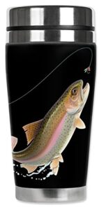 mugzie "leaping fish (black)" stainless steel travel mug with insulated wetsuit cover, 20 oz, black