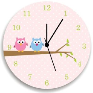 girls wall clock with owls on tree, pink nursery room decor, girls wall clock with white polka dot