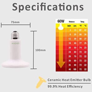 Reptile Heat Lamp Bulb -60W Ceramic Heat Emitter No Harm No Light Infrared Heater Lamp for Chicken Coop Lizard Aquarium Snake Outside Dogs Brooder 110V,White