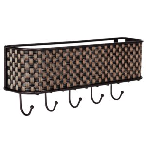 home basics wall mount mail letter organizer basket shelf and 5 key hook/holder in brown weave