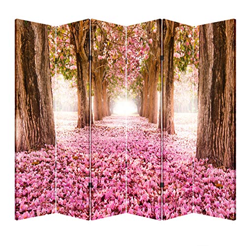 TOA Wooden Folding Screen Canvas Privacy Partition Divider- Forest (6 Panel Pink Pathway)