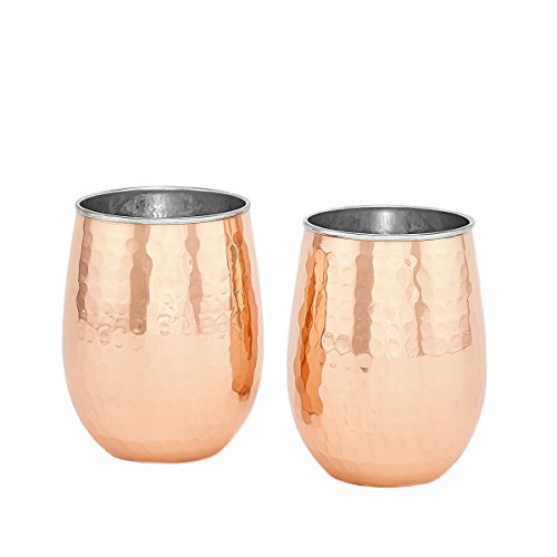 Old Dutch Copper Two-Ply Hammered Solid Stainless Steel Stemless Wine Glasses, 17 Oz, Set of 2, (L), 3x3x4.5