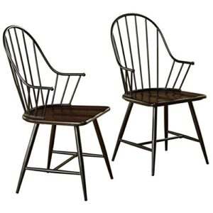 target marketing systems windsor set of 2 farmhouse inspired spindle back arm chairs with saddle seat, set of 2, black/espresso