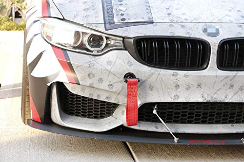 iJDMTOY Track Racing Style Red Tow Strap Compatible With BMW 1 3 5 Series X5 X6 & MINI Cooper (E36 E39 E46 E82 E90 E91 E92 E93 E70 E71 R50 R51 R52 R53 R55 R56 R57 R58 R59), Tow Hole Mount Nylon Loop