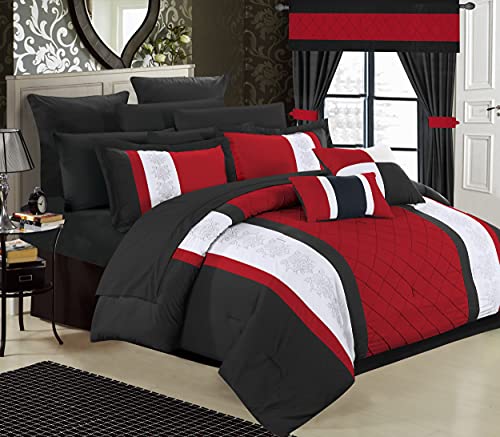 Chic Home 24 Piece Danielle Complete Pin Tuck Embroidery Color Block Bedding, King, Red