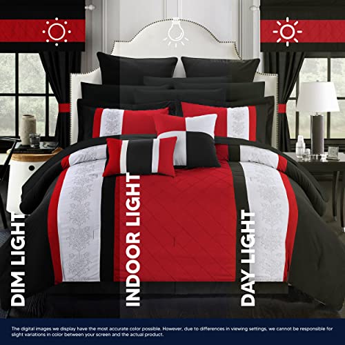 Chic Home 24 Piece Danielle Complete Pin Tuck Embroidery Color Block Bedding, King, Red