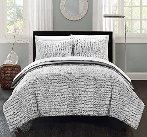 Chic Home 3 Piece New Faux Fur Collection with Mink Like Backing in Alligator Animal Skin Design Comforter Set, Queen, Grey