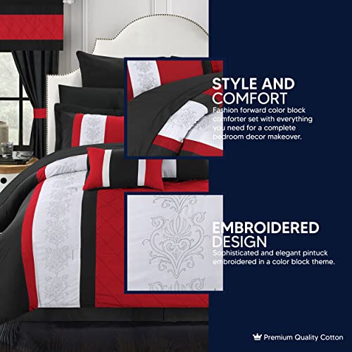 Chic Home 24 Piece Danielle Complete Pin Tuck Embroidery Color Block Bedding, King, Red