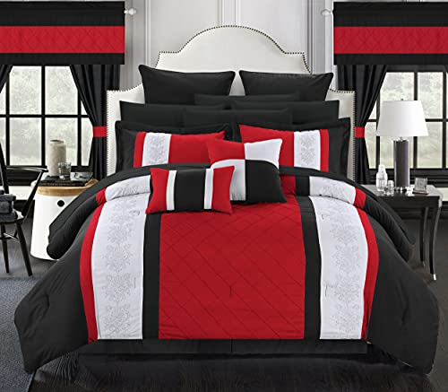 Chic Home 24 Piece Danielle Complete Pin Tuck Embroidery Color Block Bedding, King, Red