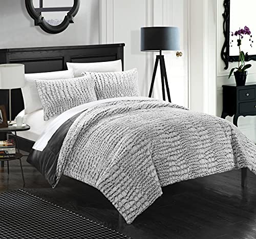 Chic Home 3 Piece New Faux Fur Collection with Mink Like Backing in Alligator Animal Skin Design Comforter Set, Queen, Grey