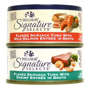 Wellness Natural Grain Free Signature Selects Flaked Wet Cat Food Variety Pack Box - 2 Flavors (Wild Salmon & Shrimp) - 2.8 Ounces Each (12 Total Cans)