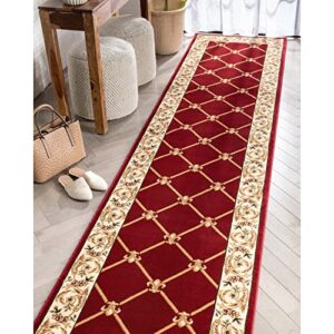 patrician trellis red french european formal traditional 3x12 (2'7" x 12') runner rug stain/fade resistant contemporary floral thick soft plush hallway entryway living dining room area rug