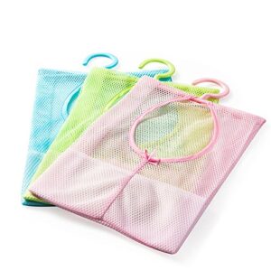 yueton 3pcs colorful hanging mesh bag, bathroom shower storage organizer set hamper bag closet rack clothes clip collection bag
