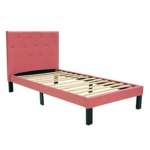 Poundex PU Upholstered Platform Bed, Twin, Pink