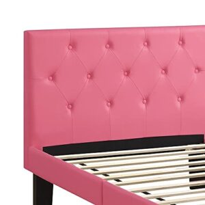 Poundex PU Upholstered Platform Bed, Twin, Pink