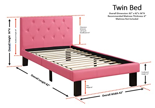 Poundex PU Upholstered Platform Bed, Twin, Pink