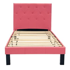 Poundex PU Upholstered Platform Bed, Twin, Pink