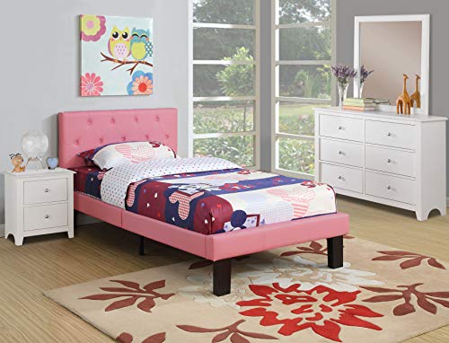 Poundex PU Upholstered Platform Bed, Twin, Pink