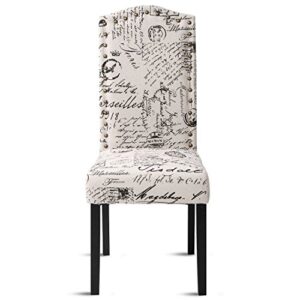 Script Fabric Accent Chair Dining Room Chair with Solid Wood Legs, Beige,Set of 2
