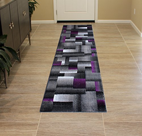 Masada Rugs, Modern Contemporary Runner Area Rug, Purple Grey Black (2 Feet X 7 Feet)