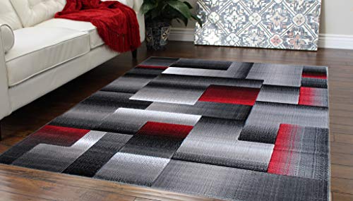 Masada Rugs, Modern Contemporary Area Rug, Red Grey Black (5 Feet X 7 Feet)