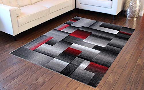 Masada Rugs, Modern Contemporary Area Rug, Red Grey Black (5 Feet X 7 Feet)