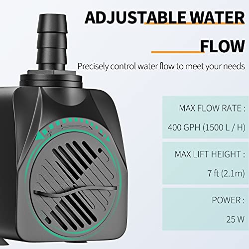 Uniclife UL400 Submersible Water Pump, 400 GPH Aquarium/Hydroponic/Fish Tank/Fountain/Pond/Statuary with 6' UL Listed Power Cord