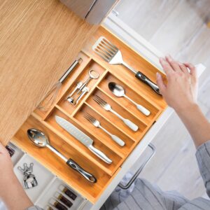 Expandable Bamboo Silverware Organizer - Kitchen Drawer Organizer, Utensil Holder - Drawer Organization and Storage in Kitchen, Bathroom or Bedroom, 17” Long, Adjustable from 13” - 22.2” Wide, 2” Deep