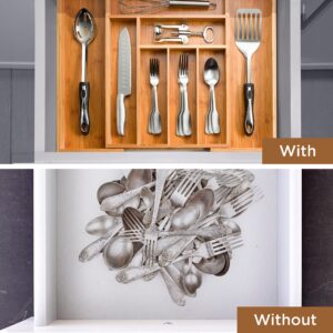 Expandable Bamboo Silverware Organizer - Kitchen Drawer Organizer, Utensil Holder - Drawer Organization and Storage in Kitchen, Bathroom or Bedroom, 17” Long, Adjustable from 13” - 22.2” Wide, 2” Deep