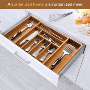 Expandable Bamboo Silverware Organizer - Kitchen Drawer Organizer, Utensil Holder - Drawer Organization and Storage in Kitchen, Bathroom or Bedroom, 17” Long, Adjustable from 13” - 22.2” Wide, 2” Deep