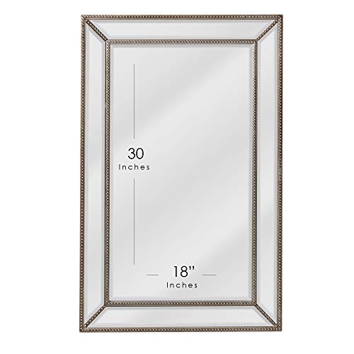 Head West Champagne Silver Metro Beaded Glass Framed Vanity Mirror for Bathroom - Large Beveled Edge - Wall Mirror with 4 D-Ring Hangers for Horizontal & Vertical Installation - 24"x 36"