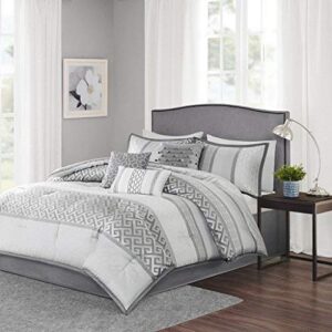 Madison Park Luxury Comforter Set-Traditional Jacquard Design All Season Down Alternative Bedding, Matching Bedskirt, Decorative Pillows, King(104"x92"), Bennett, Geometric Grey, 7 Piece