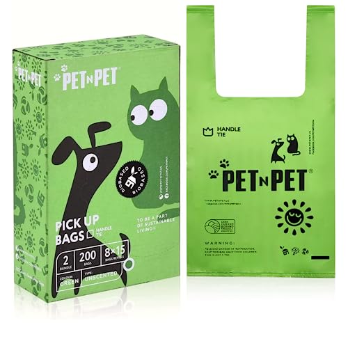 PET N PET Poop Bags 200 Counts Unscented, Dog Poop Bags with Easy Tie Handles Earth-Friendly Dog Waste Bags, Cat Litter Bags 8 x 15 inch, Completely Leak Proof, Easy Dispensing