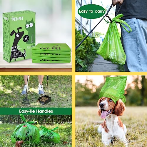 PET N PET Poop Bags 200 Counts Unscented, Dog Poop Bags with Easy Tie Handles Earth-Friendly Dog Waste Bags, Cat Litter Bags 8 x 15 inch, Completely Leak Proof, Easy Dispensing