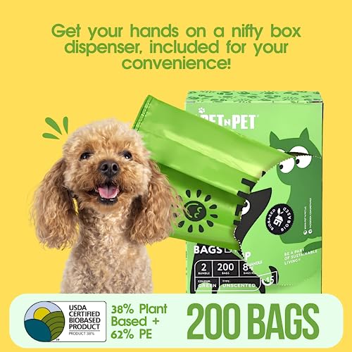 PET N PET Poop Bags 200 Counts Unscented, Dog Poop Bags with Easy Tie Handles Earth-Friendly Dog Waste Bags, Cat Litter Bags 8 x 15 inch, Completely Leak Proof, Easy Dispensing