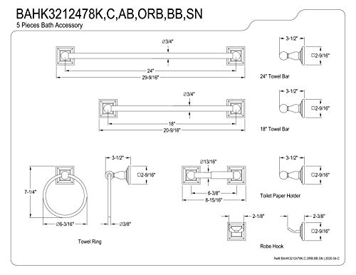 Kingston Brass BAHK3212478ORB Serano Towel Bar/Towel Ring/Toilet Paper Holder/Robe Hook, 18"/24", Oil Rubbed Bronze