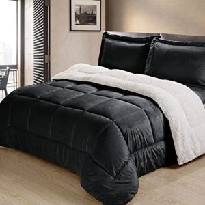 cathay home king comforter set: ultra soft and plush reversible micromink and sherpa 3-piece bedding set, black, king (102" x 90")