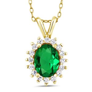 gem stone king 14k yellow gold oval green nano emerald pendant necklace for women (1.24 cttw with 18 inch chain)