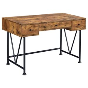 coaster furniture analiese farmhouse 3 drawer home office writing desk black metal base antique nutmeg brown 801541
