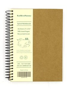 small spiral notebook, 240 lined pages, a6 size wide ruled paper, recycled hard cover - goldensunny