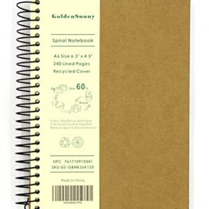 Small Spiral Notebook, 240 Lined Pages, A6 Size Wide Ruled Paper, Recycled Hard Cover - GoldenSunny