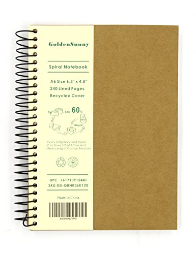 Small Spiral Notebook, 240 Lined Pages, A6 Size Wide Ruled Paper, Recycled Hard Cover - GoldenSunny